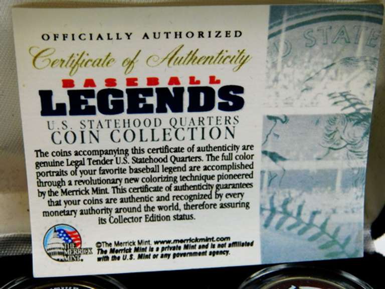 Baseball Legends Colorized State Quarters w/COA