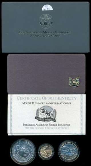 1991 Mount Rushmore 3-Coin Proof Set with $5 Gold. COA