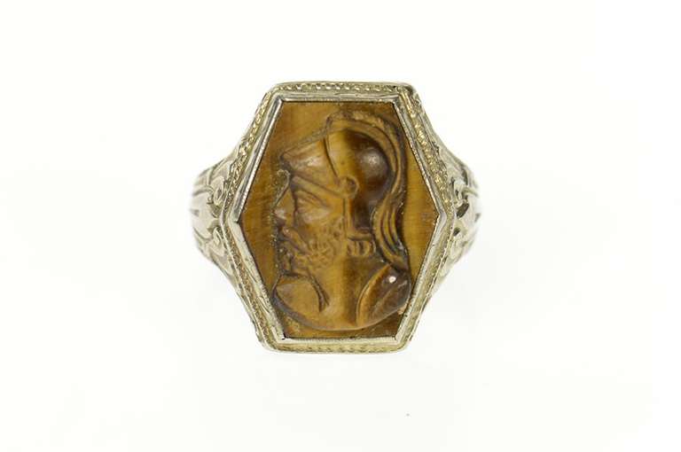 10K White Gold Art Deco Etched Tiger's Eye Soldier Cameo Ring