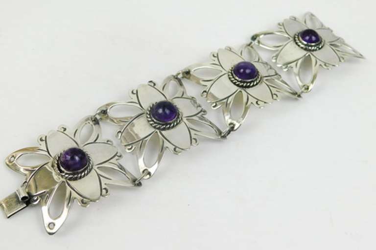 Early Wide Mexican Silver Amethyst Bracelet