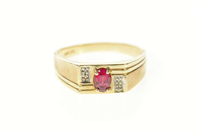 10K Yellow Gold Squared Men's Syn. Ruby Diamond Grooved Ring
