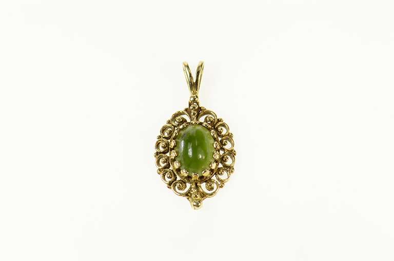 14K Yellow Gold Retro Oval Ornate Nephrite Statement Charm/Pendant