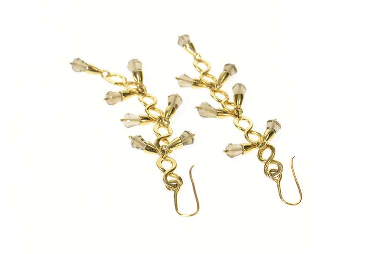 18K Yellow Gold Ornate Smoky Quartz Fringe Dangle Hook Earrings
