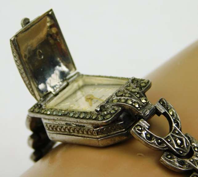 Deco 800 Silver Marcasite Bucherer Ladies Wrist Watch, Runs