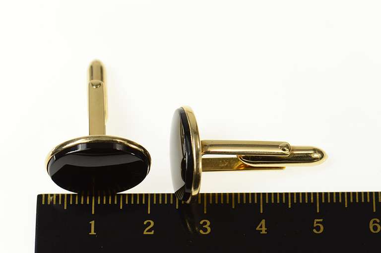14K Yellow Gold Oval Black Onyx Classic Retro Cuff Links