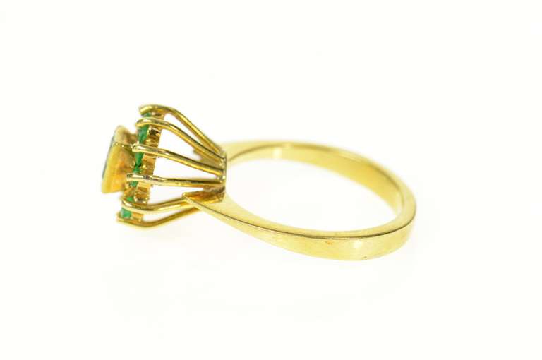 18K Yellow Gold Natural Emerald Halo Retro Statement Cocktail Ring