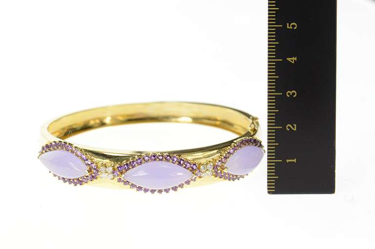 14K Yellow Gold Jade Amethyst Halo Diamond Cluster Bangle Bracelet