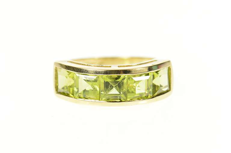 10K Yellow Gold Five Stone Princess Square Peridot Band Ring