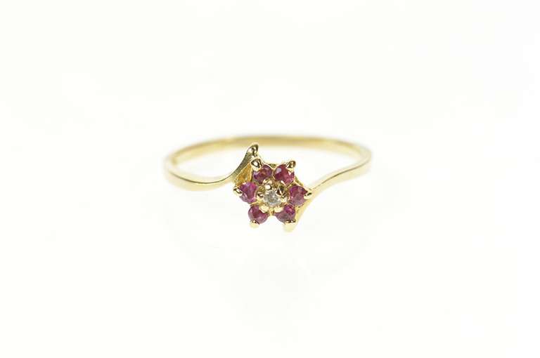 14K Yellow Gold Ruby Flower Cluster Diamond Accent Bypass Ring