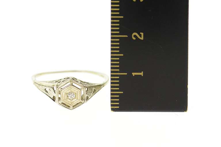 10K White Gold Art Deco Diamond Filigree Promise Engagement Ring