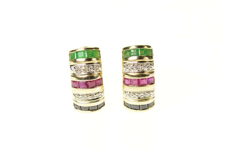 14K Yellow Gold Curved Emerald Ruby Sapphire French Clip Earrings