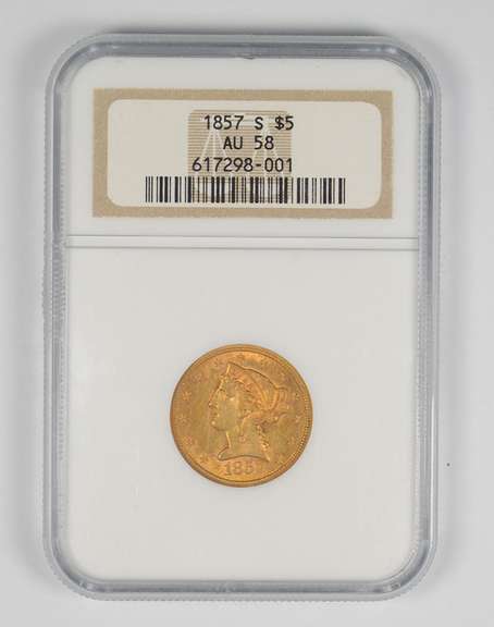 AU58 1857-S $5.00 Liberty Head Gold Half Eagle - Graded NGC