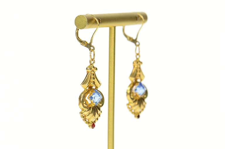 14K Yellow Gold 1930's Art Deco Ornate Sim. Topaz Dangle Earrings