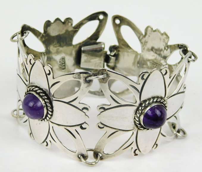 Early Wide Mexican Silver Amethyst Bracelet