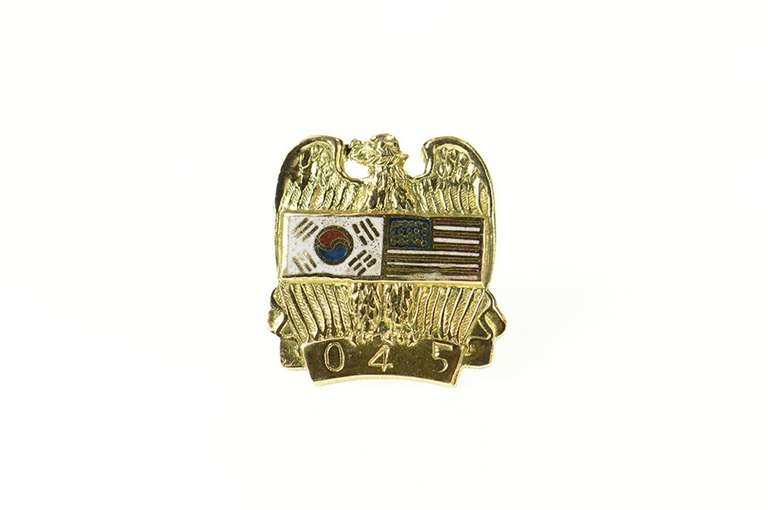14K Yellow Gold Enamel Korean War Eagle Flag Lapel Pin/Brooch