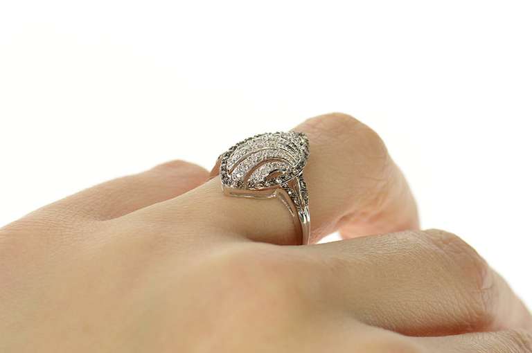 10K White Gold Marquise Diamond Pave Wave Design Statement Ring