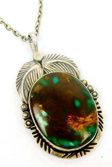 Signed JB Navajo Sterling Turquoise Pendant & Chain