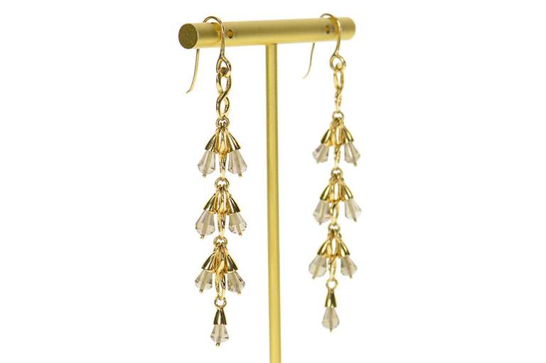 18K Yellow Gold Ornate Smoky Quartz Fringe Dangle Hook Earrings