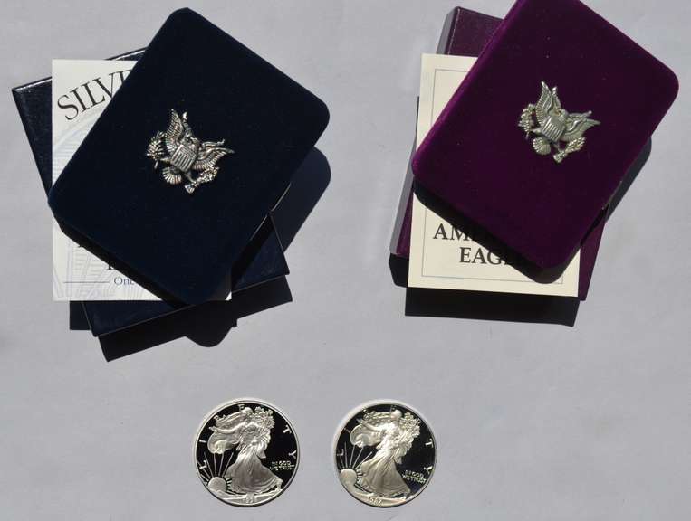 1987 S & 1998 Silver Eagles With Box Paper