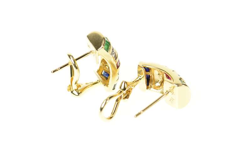 14K Yellow Gold Curved Emerald Ruby Sapphire French Clip Earrings