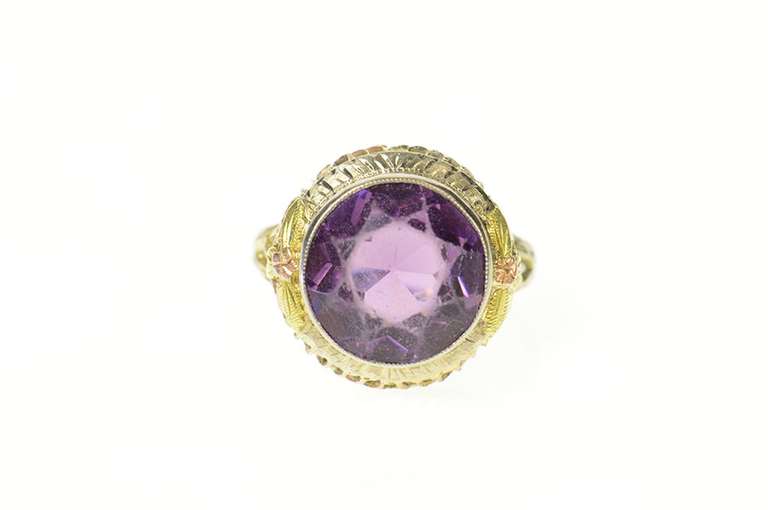 10K Yellow Gold Syn. Amethyst Ornate Art Deco Filigree Ring