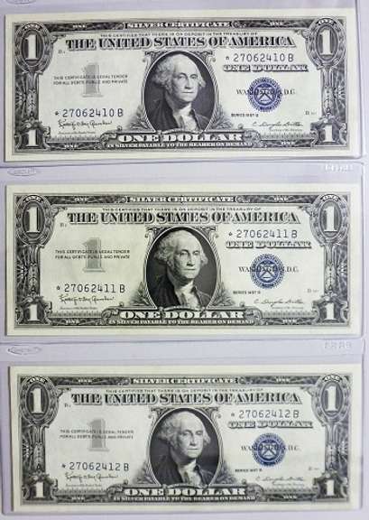 3 - Gem Crisp 1957B $1 Star Replacement Silver Certificates-Consecutive!