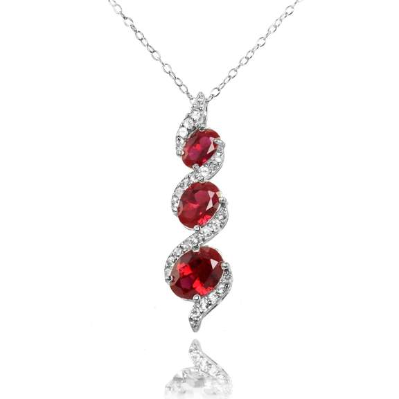 925 Silver Created Ruby & White Topaz Oval S Design Three-Stone Journey Necklace