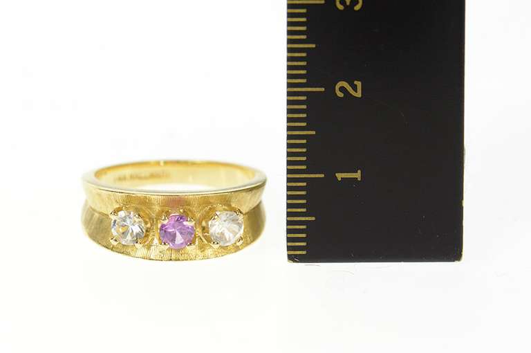 14K Yellow Gold 1950's CZ Pink Topaz Concave Textured Band Ring