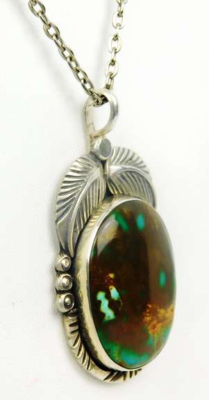 Signed JB Navajo Sterling Turquoise Pendant & Chain