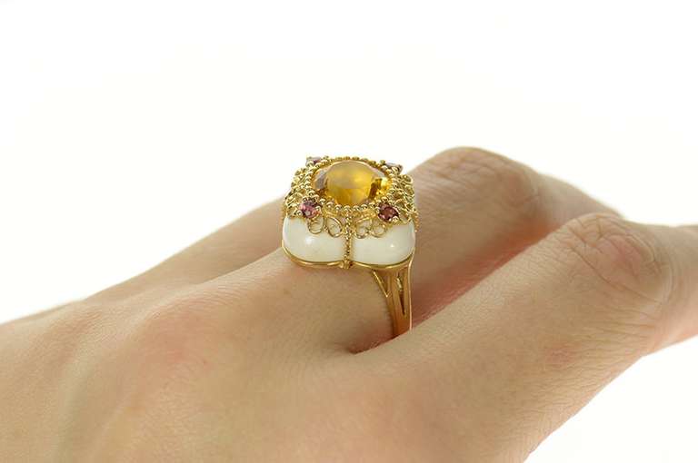14K Yellow Gold Scalloped White Ceramic Citrine Garnet Cocktail Ring