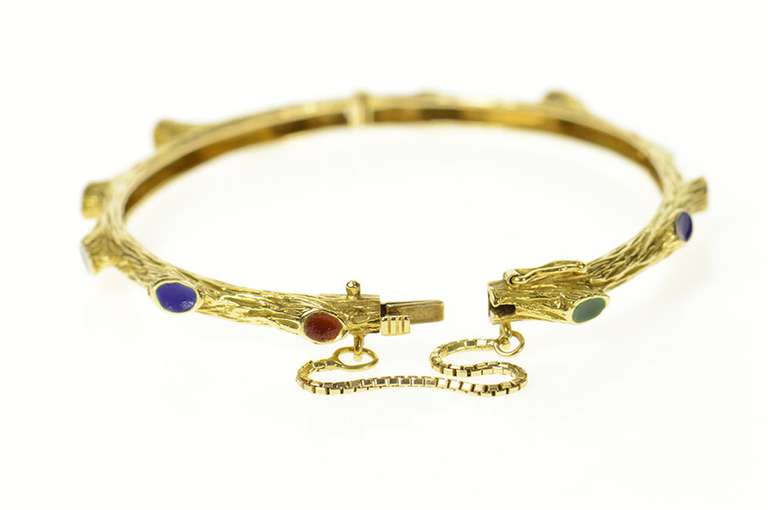 18K Yellow Gold Tree Branch Nature Motif Enamel Bangle Bracelet