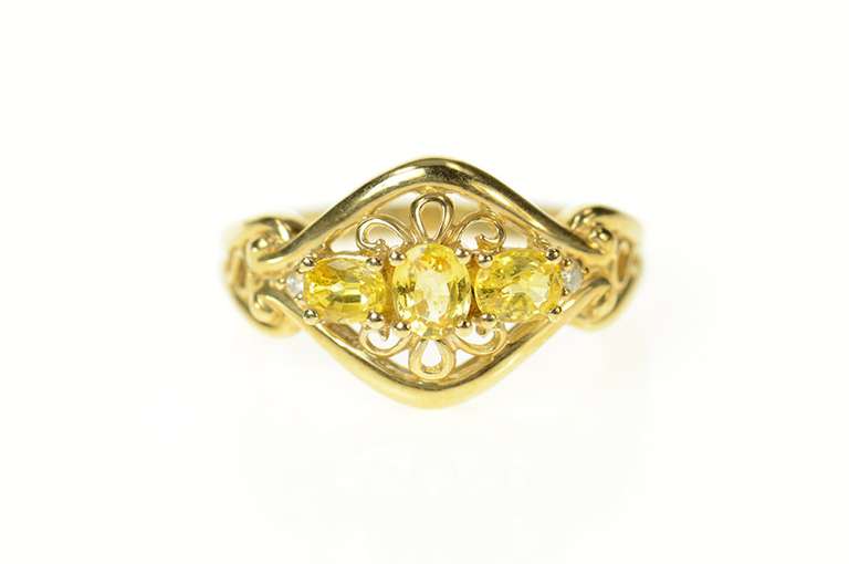 10K Yellow Gold Ornate Three Stone Citrine Diamond Accent Ring