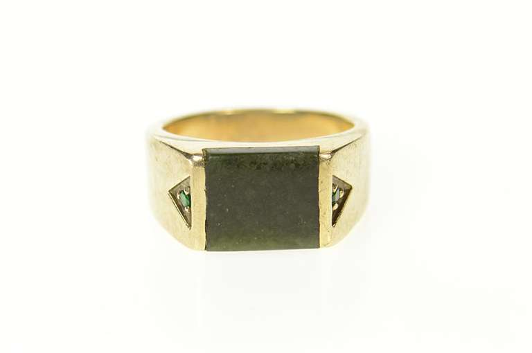 10K Yellow Gold Retro Squared Nephrite Emerald Statement Ring