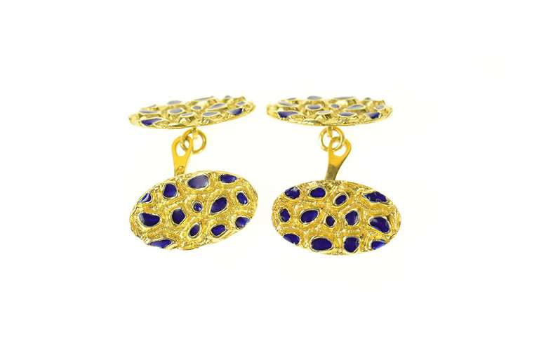 18K Yellow Gold Retro 1960's Textured Nugget Blue Enamel Cuff Links