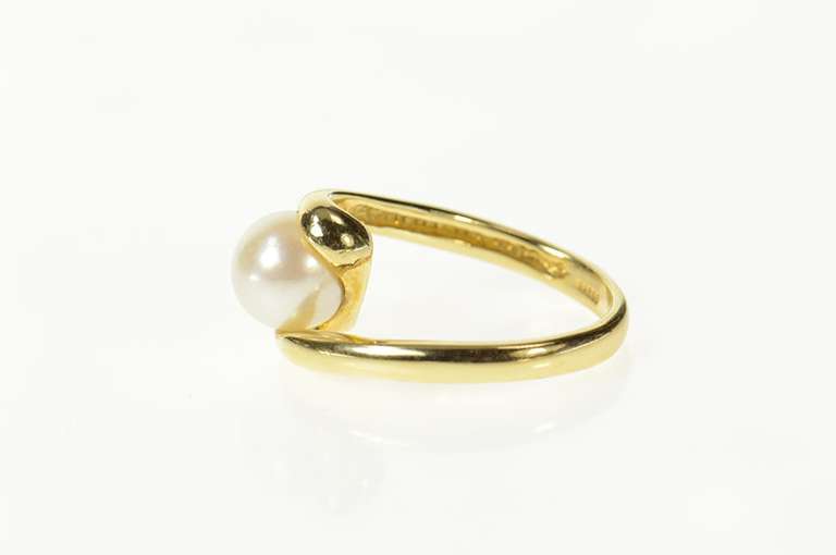 14K Yellow Gold Pearl Wavy Bypass Swirl Statement Ring