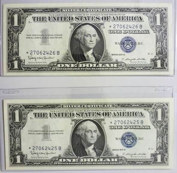 (2) Gem Crisp 1957B $1 Star Replacement Silver Certificates-Consecutive!
