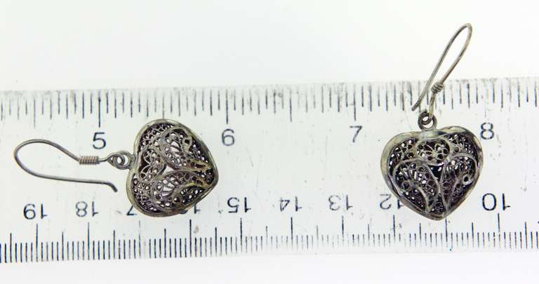 Vintage Sterling Silver Filigree Heart Dangle Earrings
