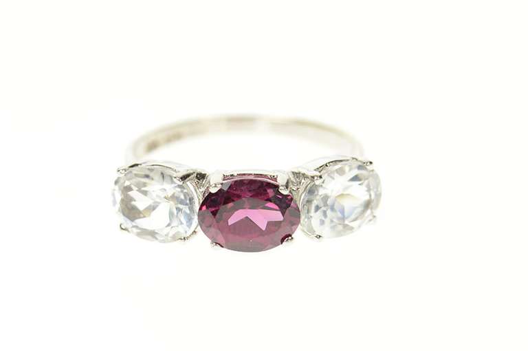 14K White Gold Three Stone Cubic Zirconia Purple Tourmaline Ring