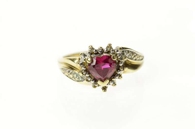 10K Yellow Gold Heart Syn. Ruby Diamond Accent Bypass Ring