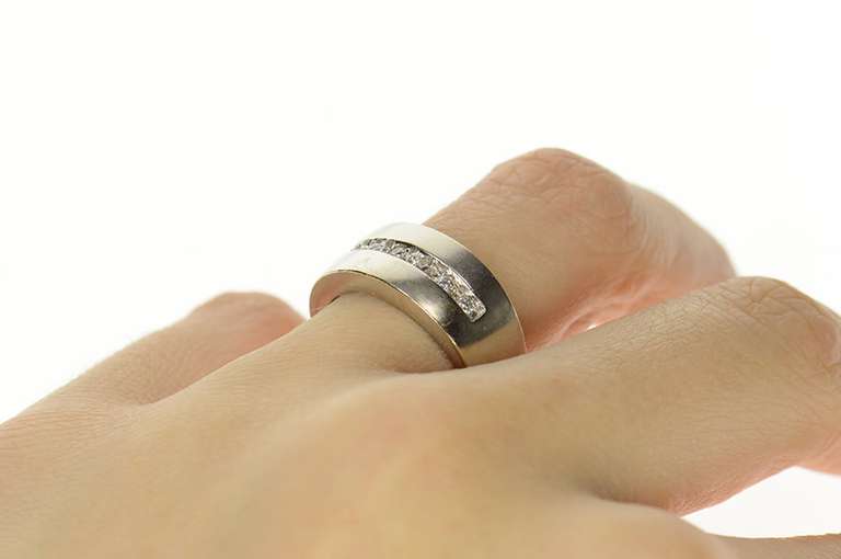 10K White Gold Classic Diamond Satin Finish Statement Band Ring