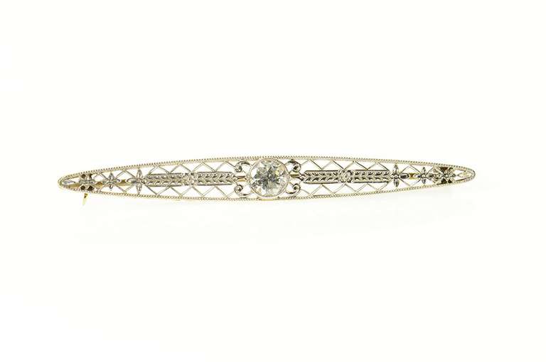 14K Yellow Gold 0.45 Ct Art Deco Diamond Filigree Bar Pin/Brooch