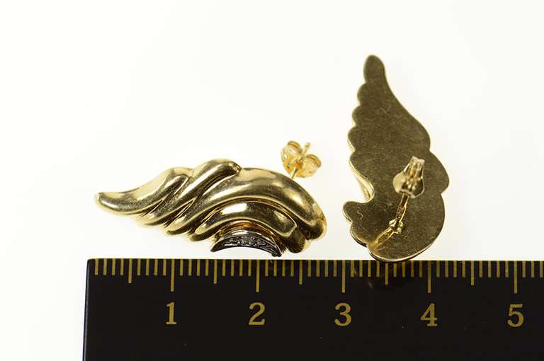 14K Yellow Gold Puffy Diamond Inset Swirl Statement Curvy Earrings