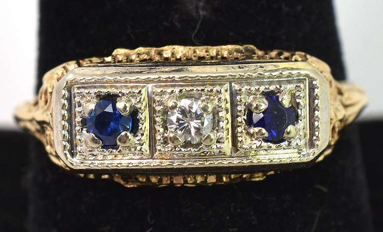 Powerful Vintage Sapphire & Diamond Ring in 14KT 2-Tone Gold