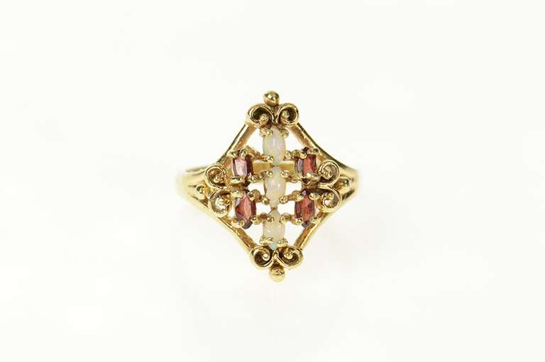 10K Yellow Gold Ornate Garnet Natural Opal Swirl Statement Ring