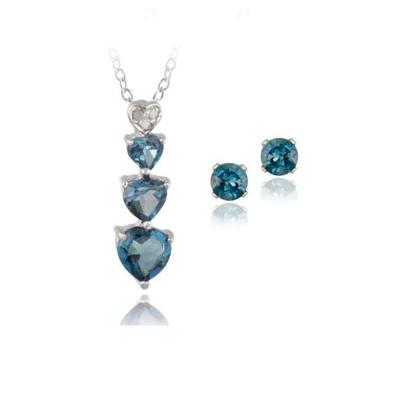 Sterling Silver 2.25ct London Blue Topaz & Diamond Heart Necklace & Earrings Set