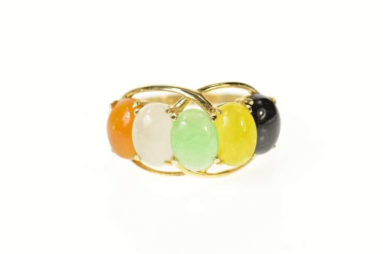 14K Yellow Gold Five Stone Oval Jade Retro Statement Ring