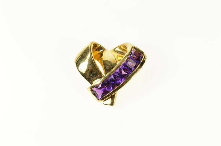 18K Yellow Gold Princess Amethyst Curvy Designer Heart Pendant