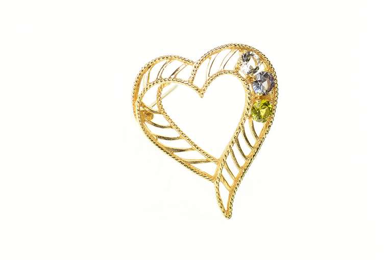 14K Yellow Gold 1960's Retro Topaz CZ Peridot Striped Heart Pendant