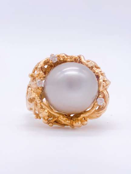 18kt Gold Pearl, Diamond, Nugget Ring