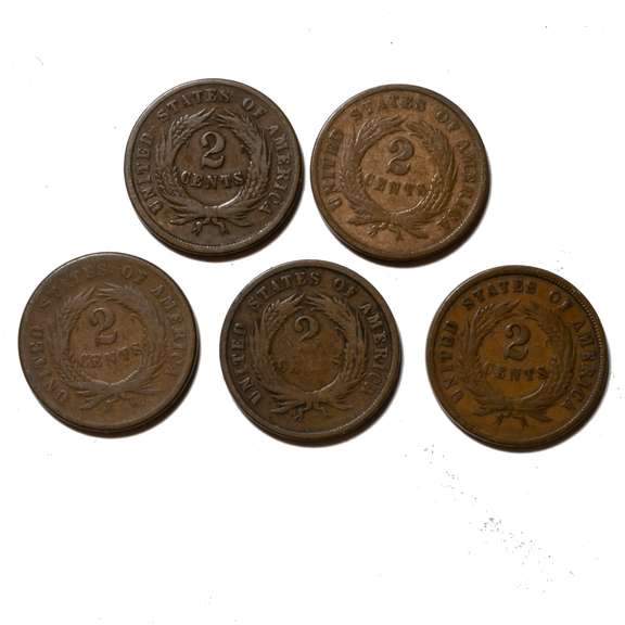 5 Assorted 2 Cent Pieces 1864 - 66